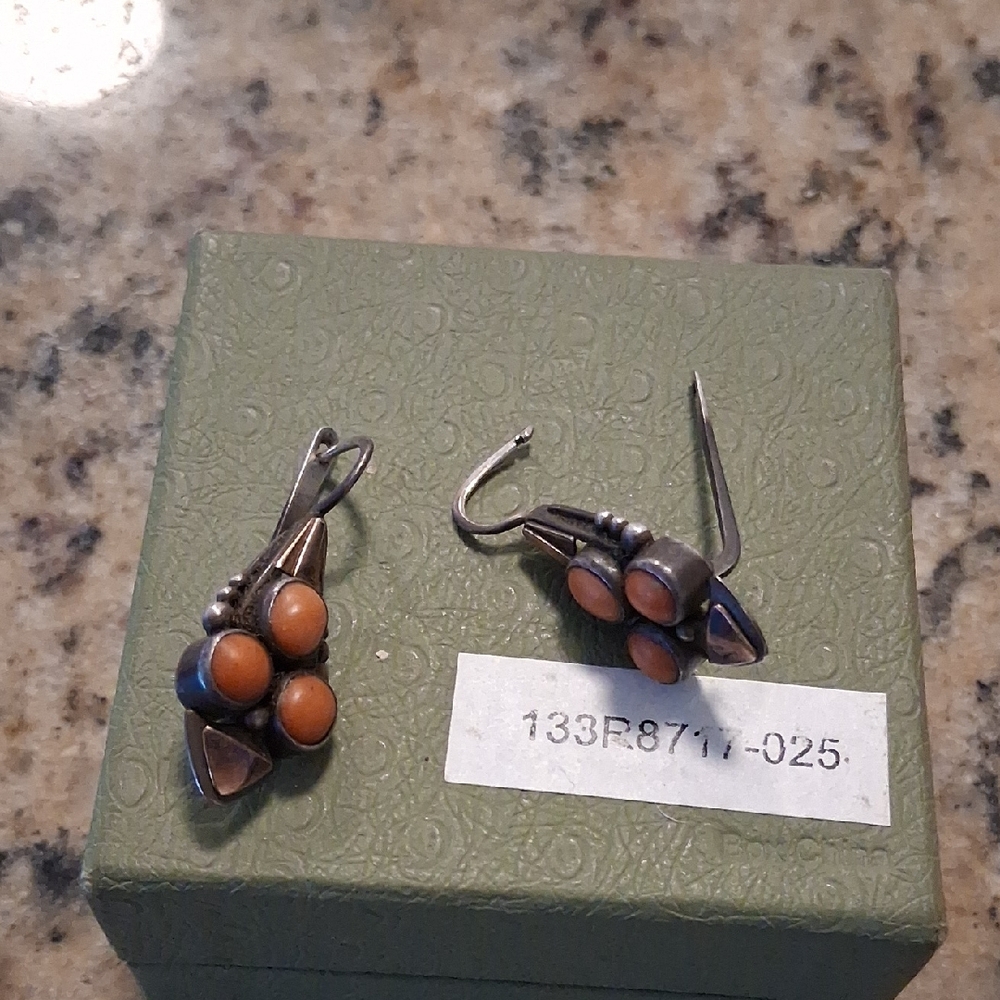 Sterling Silver Orange  Natural KoralStone Cluster Drop Earrings With 14K Gold .